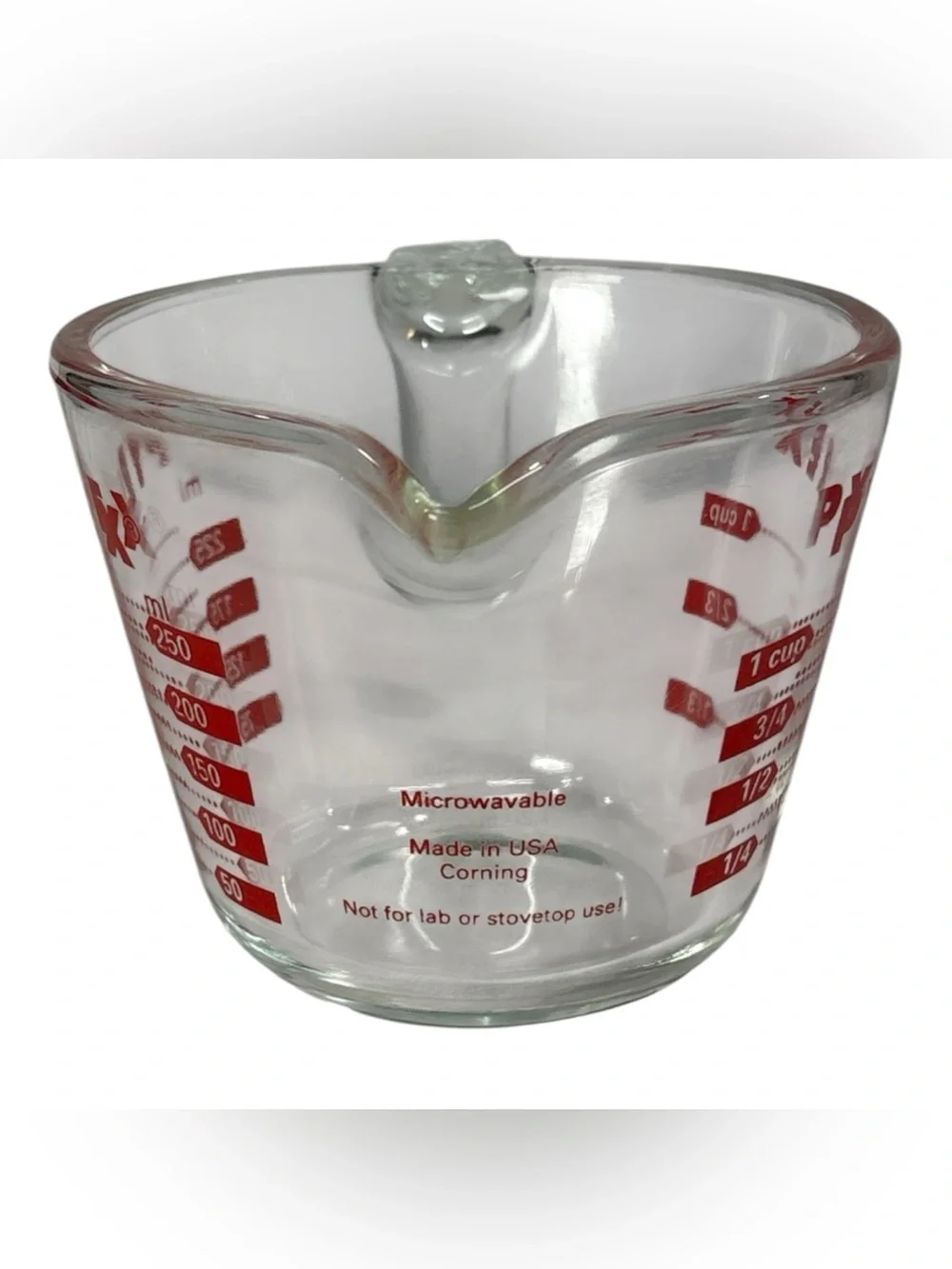 Vintage Pyrex Glass Measuring Cup Red Lettering Open J Handle 1 Cup 8 oz 250 ml